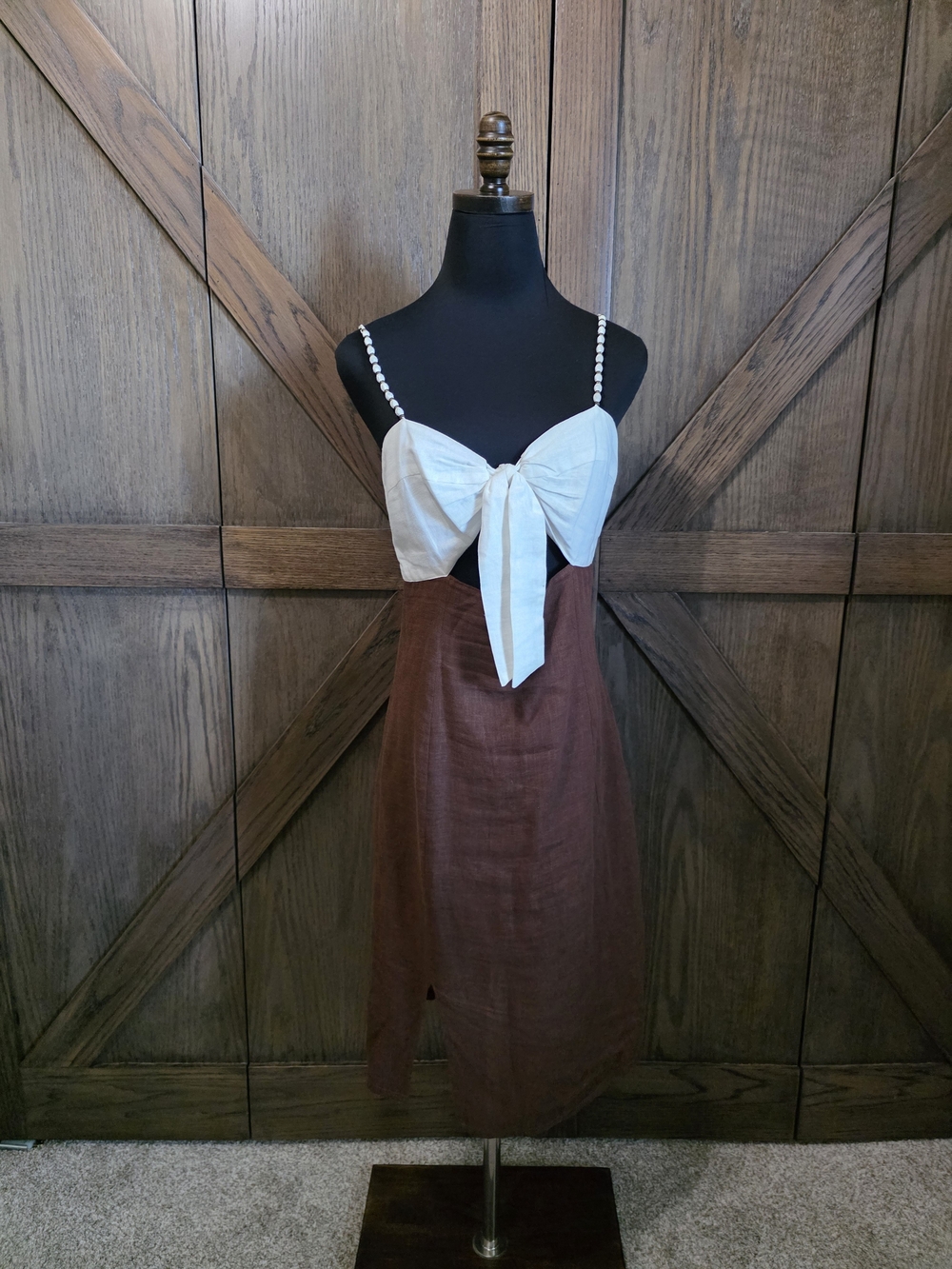 ViX Tie-Front Midi Dress in White and Brown with Beaded Straps